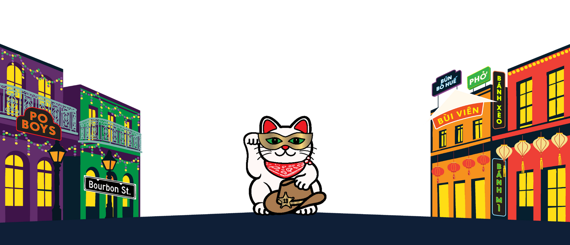 A lucky cat with a Mardi Gras mask and cowboy hat, standing in the middle of a street representing a symbolic representation of Chef Tung’s Vietnamese roots, and his upbringing in New Orleans.