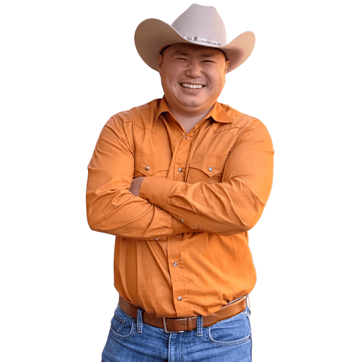 Chef Tung wearing an orange shirt, blue jeans, and a beige cowboy hat on a white background