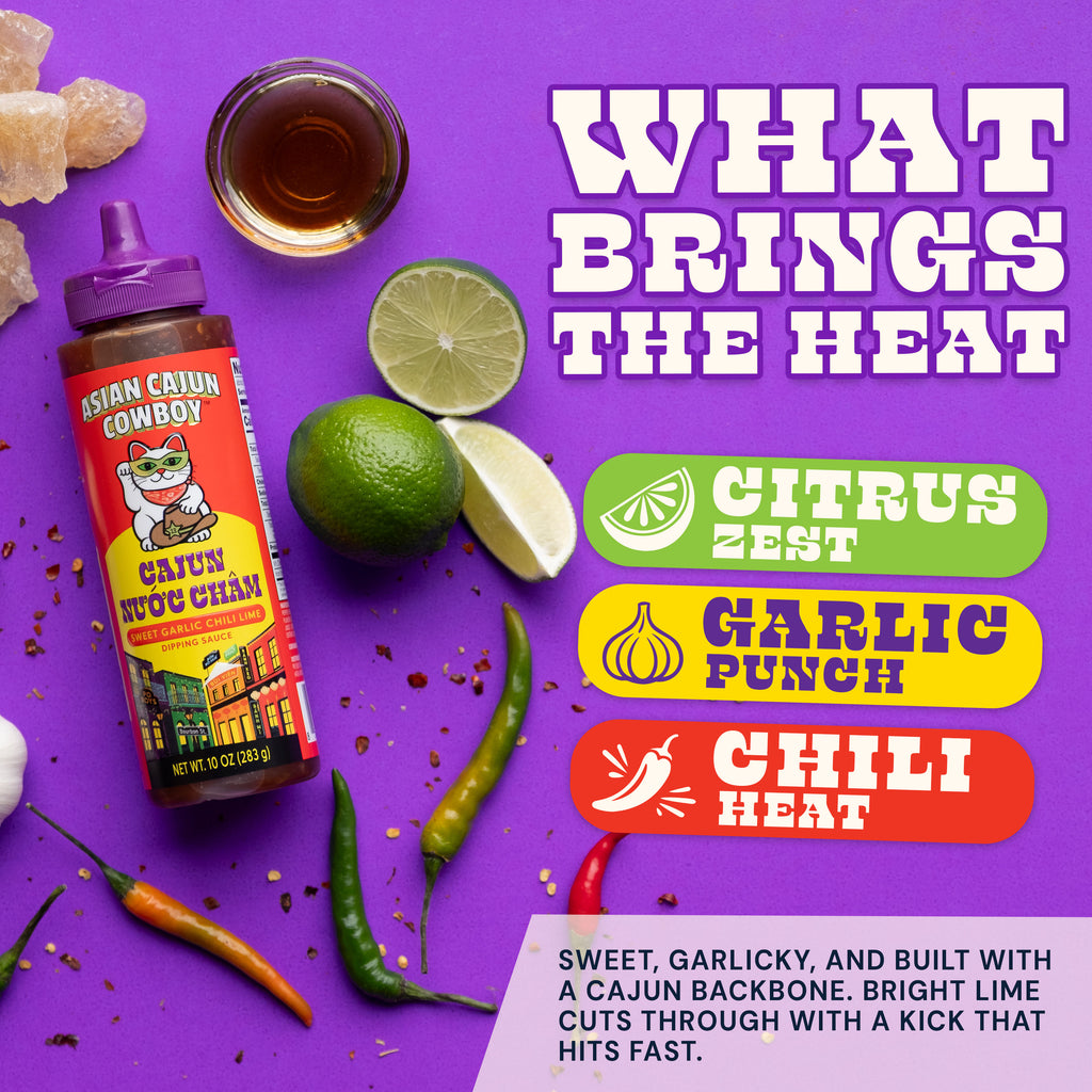 Cajun Nuoc Cham sauce bottle with ingredient notes and flavor description on a purple background.