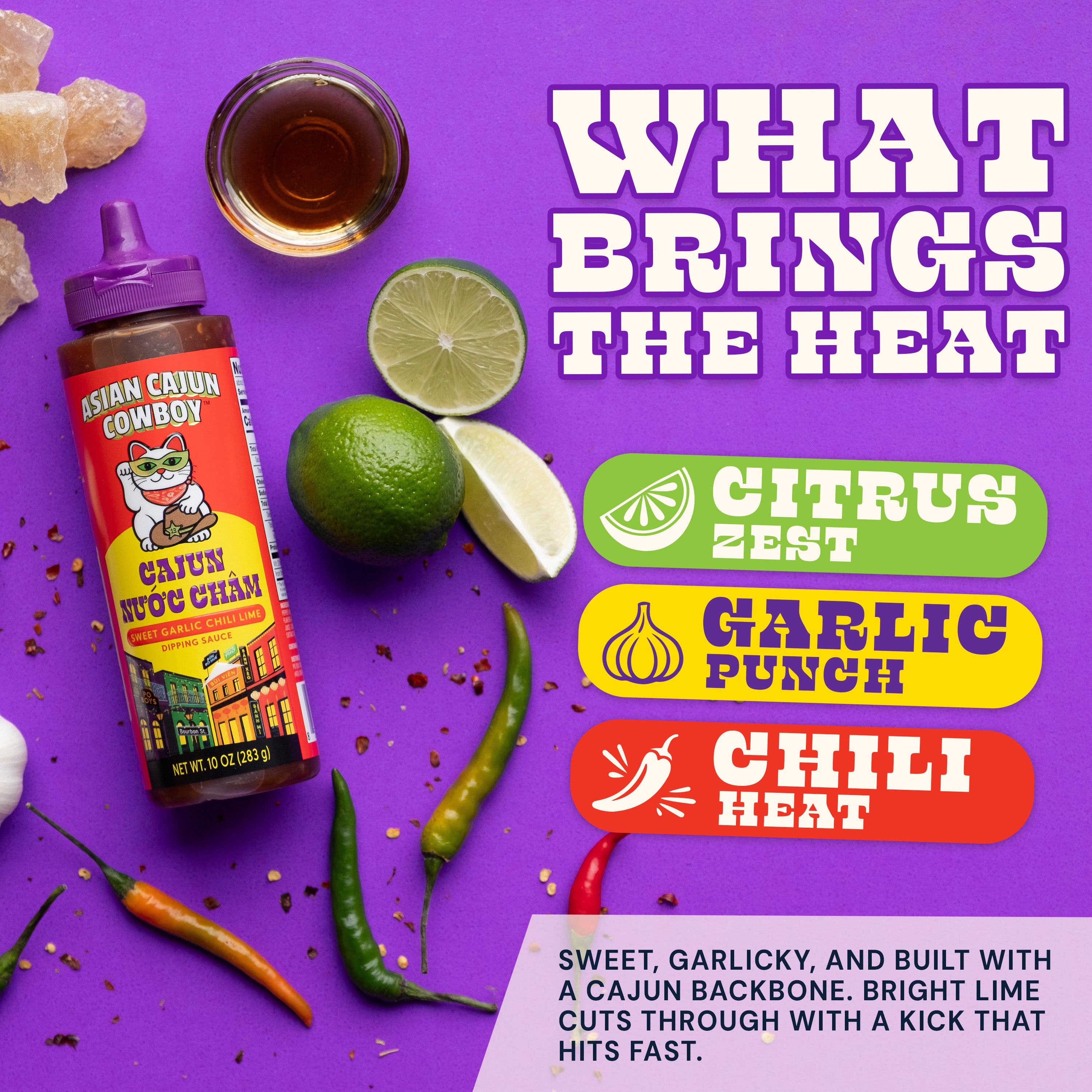 Cajun Nuoc Cham sauce bottle with ingredient notes and flavor description on a purple background.