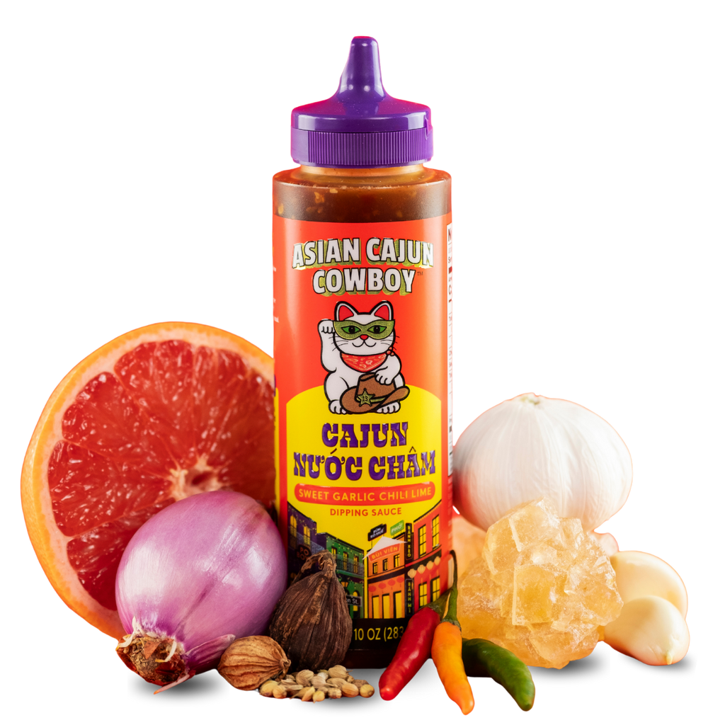 Bottle of Asian Cajun Cowboy Cajun Nuoc Cham with ingredients.