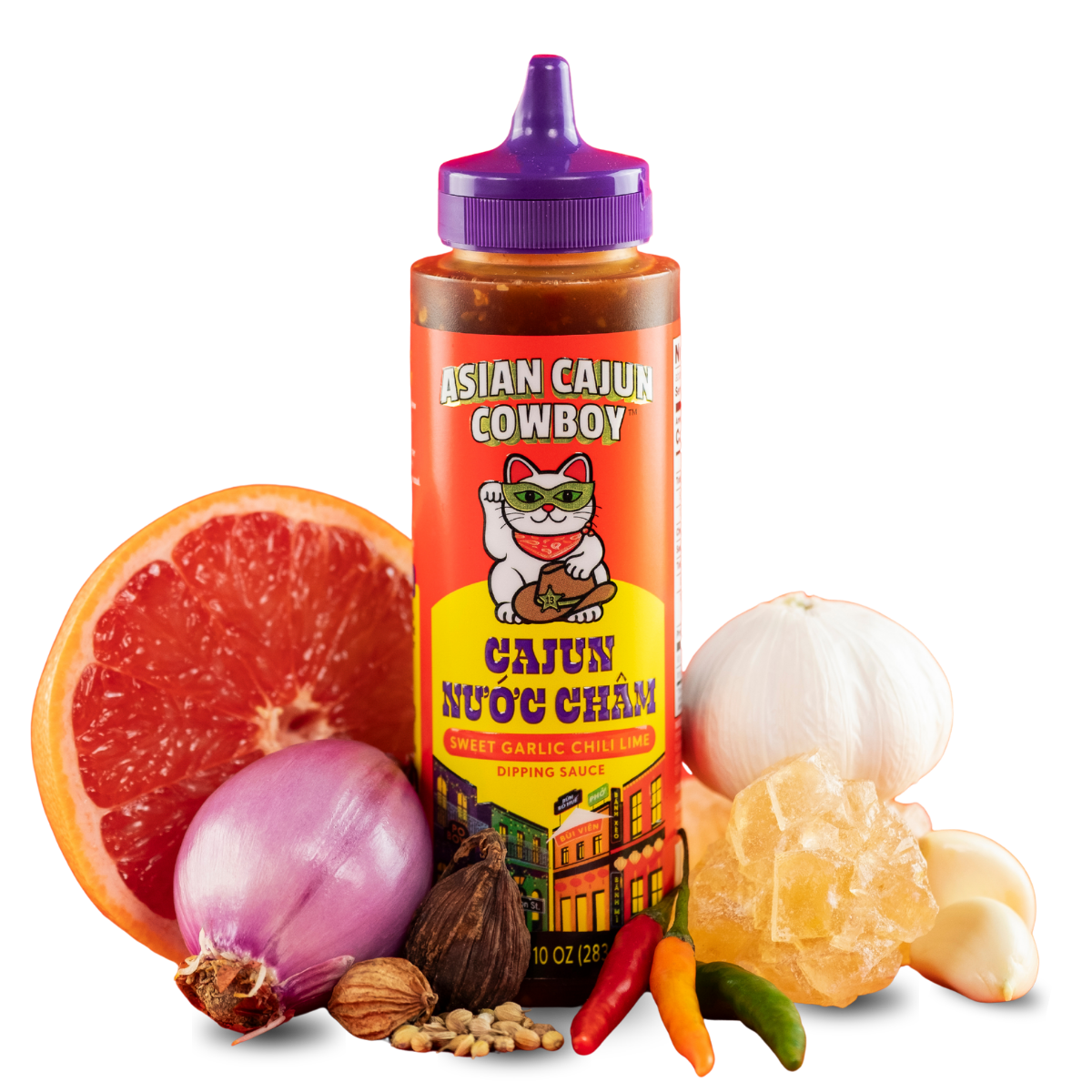 Bottle of Asian Cajun Cowboy Cajun Nuoc Cham with ingredients.