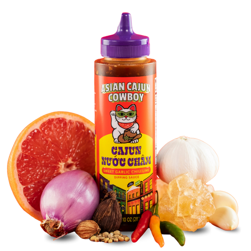 Bottle of Asian Cajun Cowboy Cajun Nuoc Cham with ingredients.