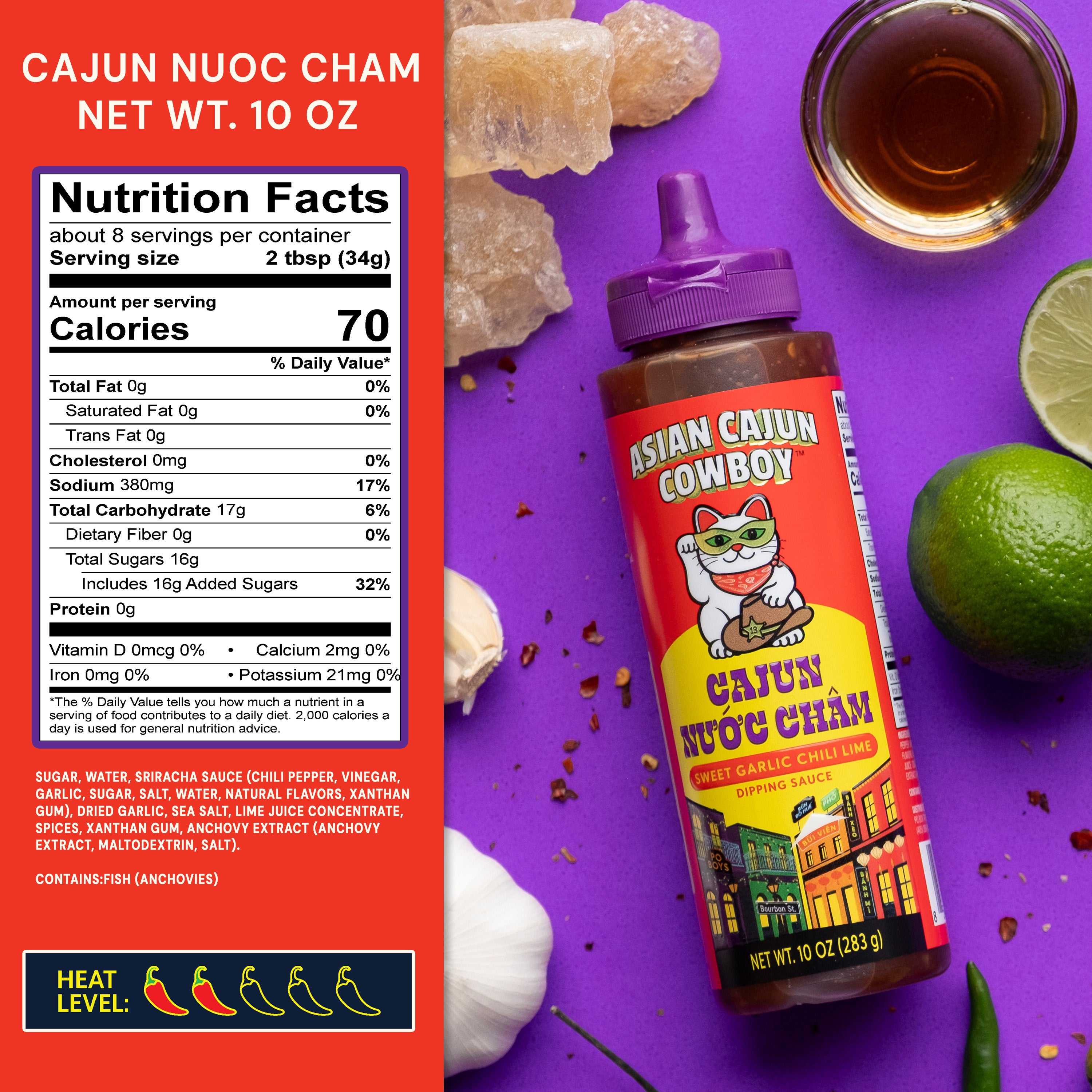 Cajun Nuoc Cham bottle with nutrition label and ingredients on a purple background