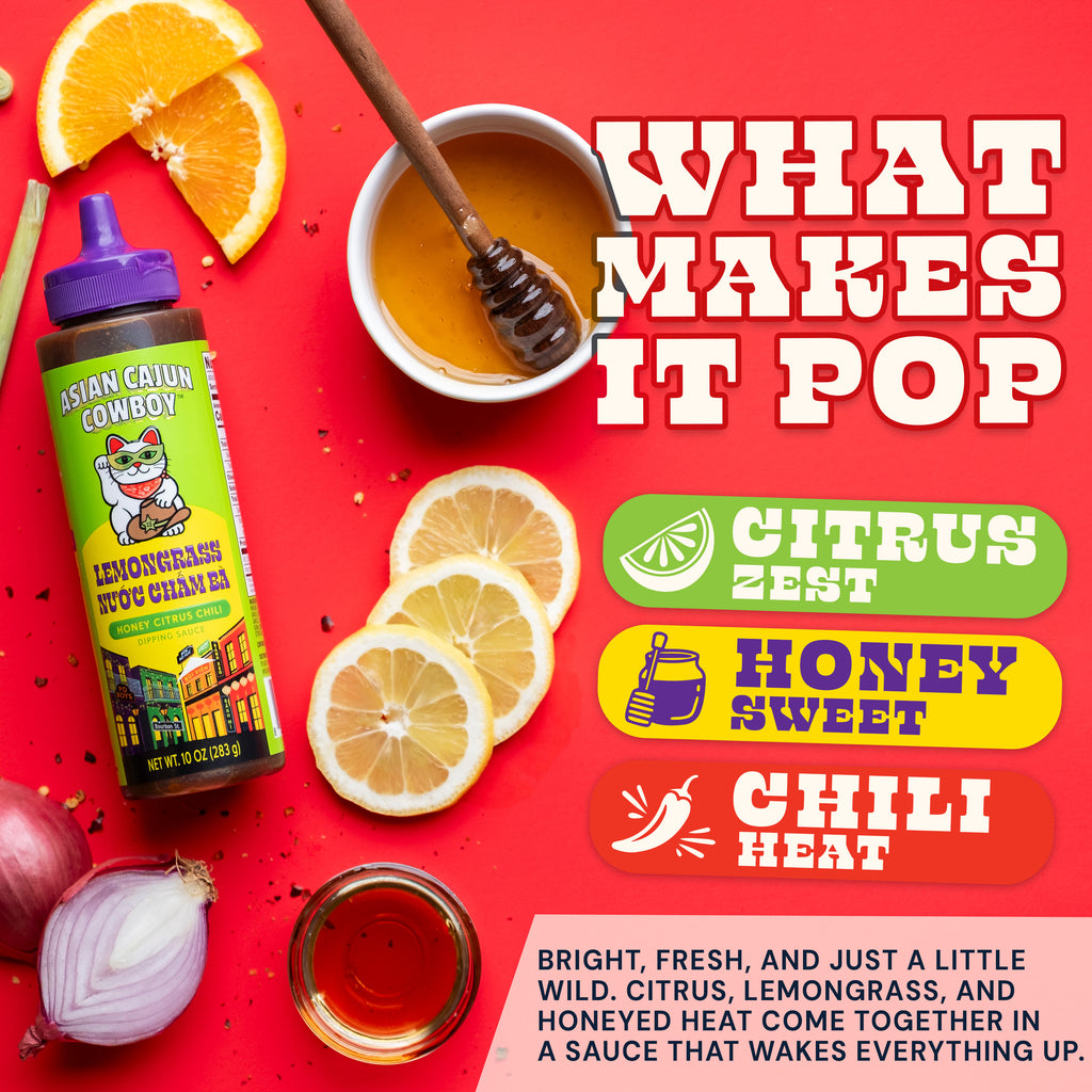 Lemongrass bottle with lemon slices, honey, and flavor call outs on a red background.