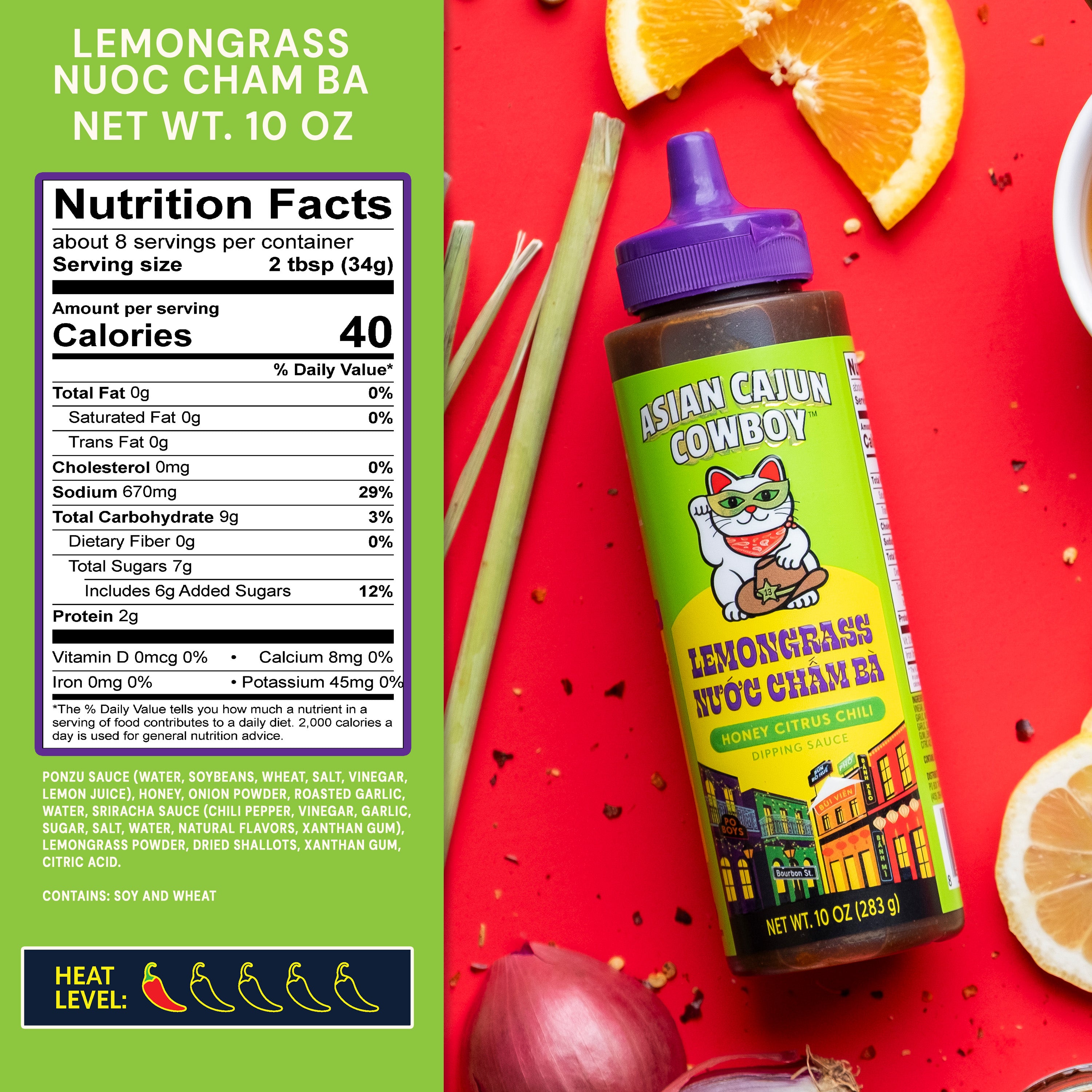 Asian Cajun Cowboy Lemongrass Nuoc Cham Ba bottle with nutrition label on a red background