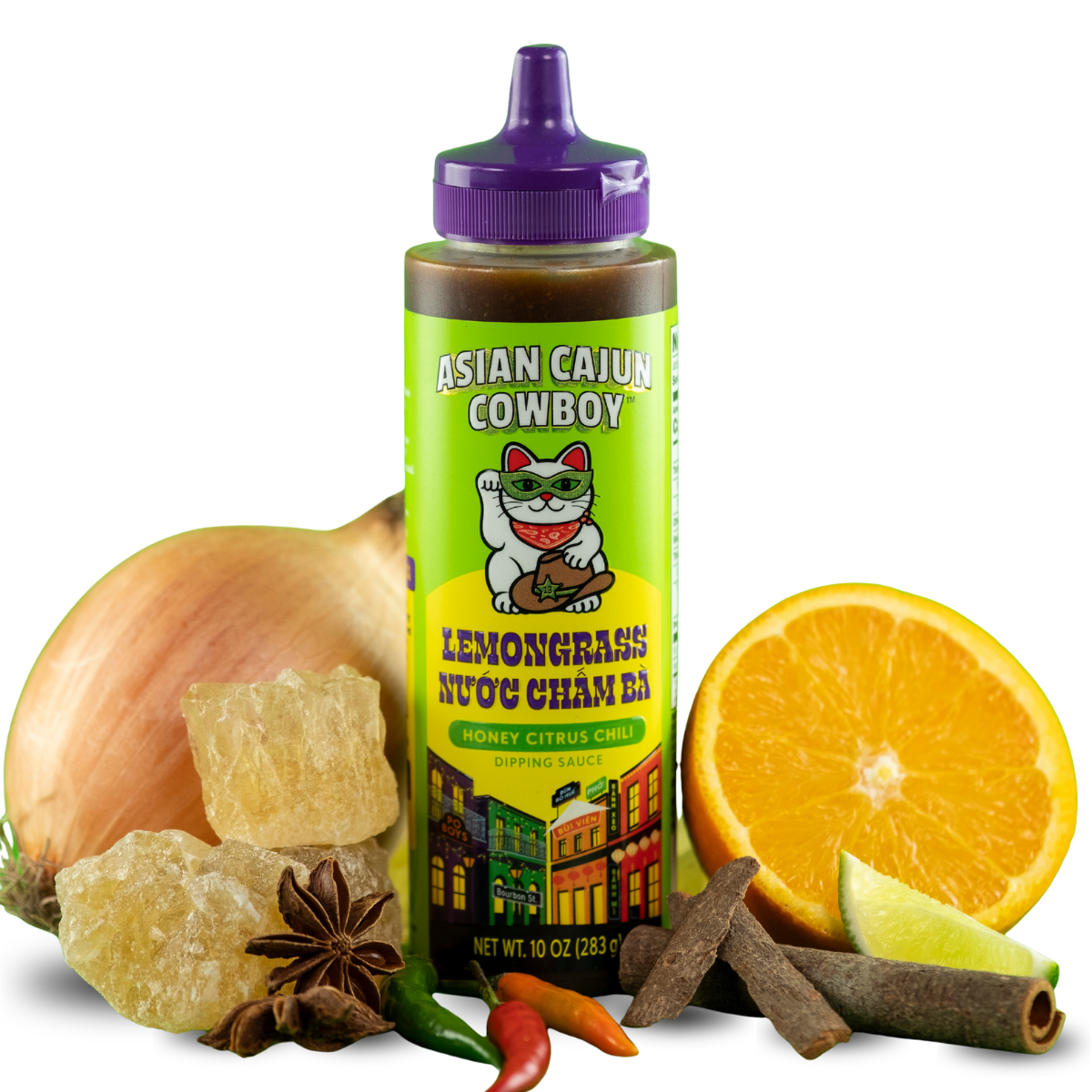 Bottle of Asian Cajun Cowboy Lenongrass Nuoc Cham Ba with ingredients on a white background