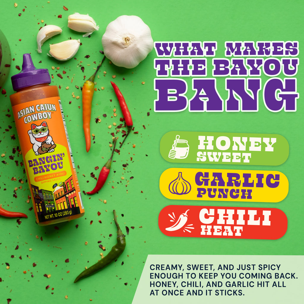 Bangin Bayou bottle with ingredients on a green background, featuring text about flavor profile.