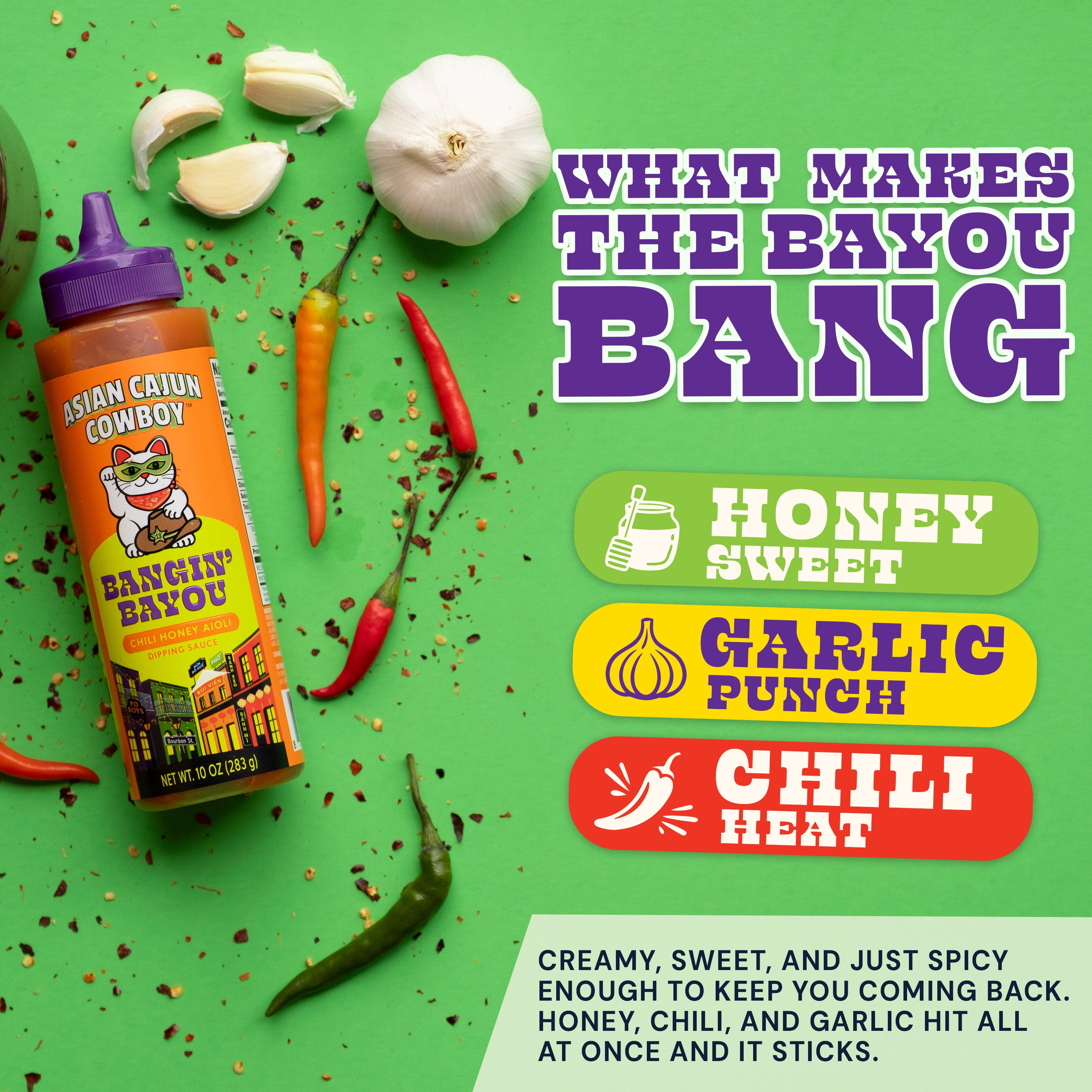 Bangin Bayou bottle with ingredients on a green background, featuring text about flavor profile.