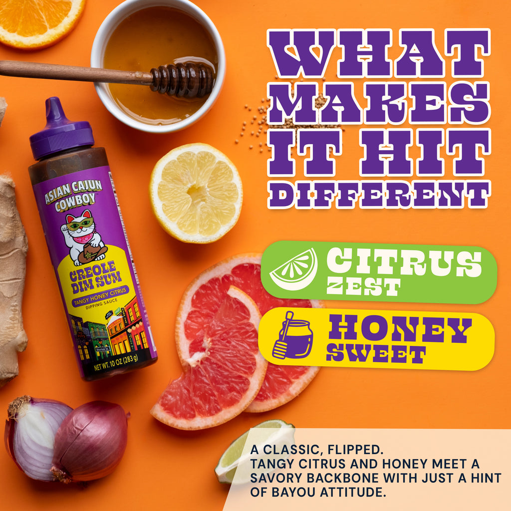 Promotional image of a bottle of Creole Din' Dum with ingredients and text on an orange background