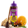 Squeeze bottle of Asian Cajun Cowboy Creole Dim Sum dipping sauce with ingredients on a white background