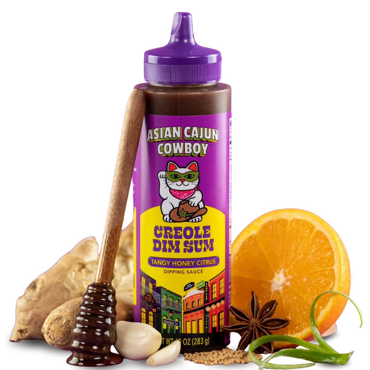 Squeeze bottle of Asian Cajun Cowboy Creole Dim Sum dipping sauce with ingredients on a white background
